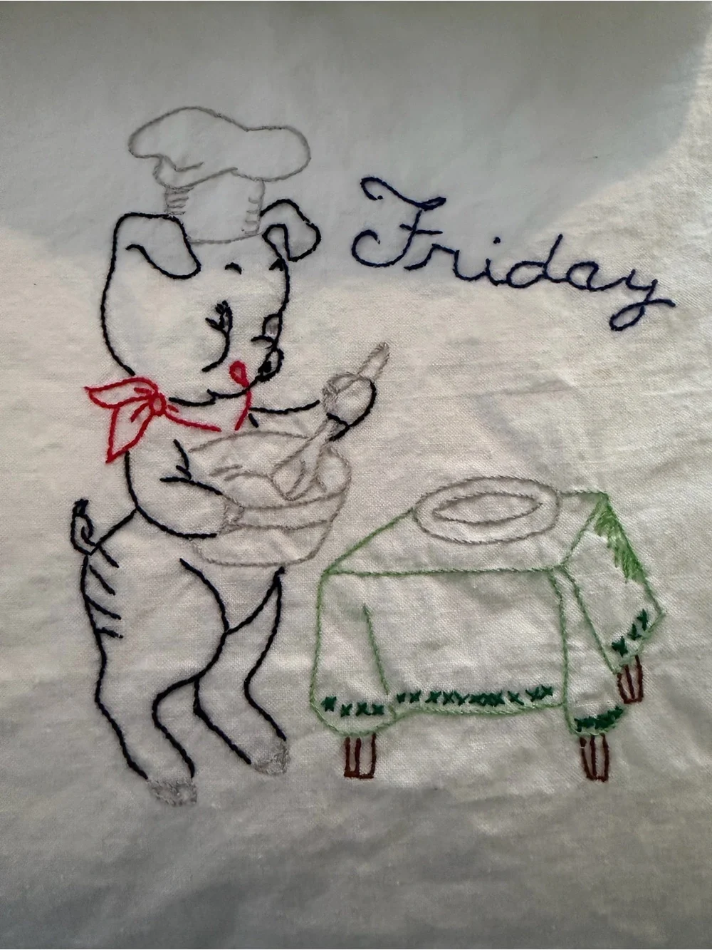 Embroidered Piglet Wheelbarrow Accent - White Fabric